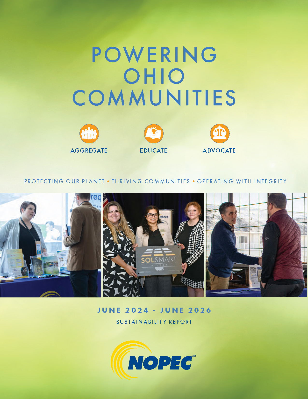 Front cover of NOPEC's 2026 Sustainability Report, reads "Powering Ohio Communities"